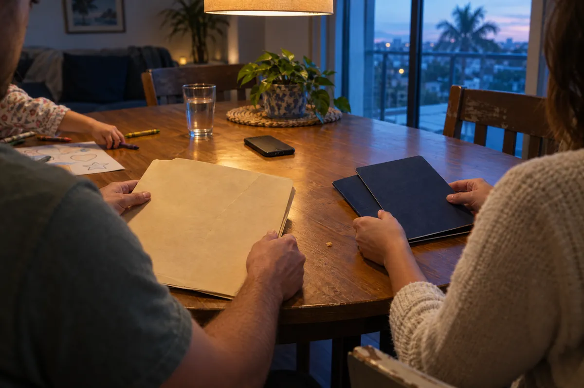 A family going through papers together at the dining table